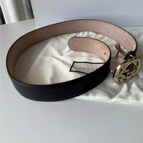 Gucci Black Coated Leather Gold Interlocking G Buckle Belt Size 80/32 Authentic Gucci Brown GG Supreme Gold Interlocking G Buckle  main image 4